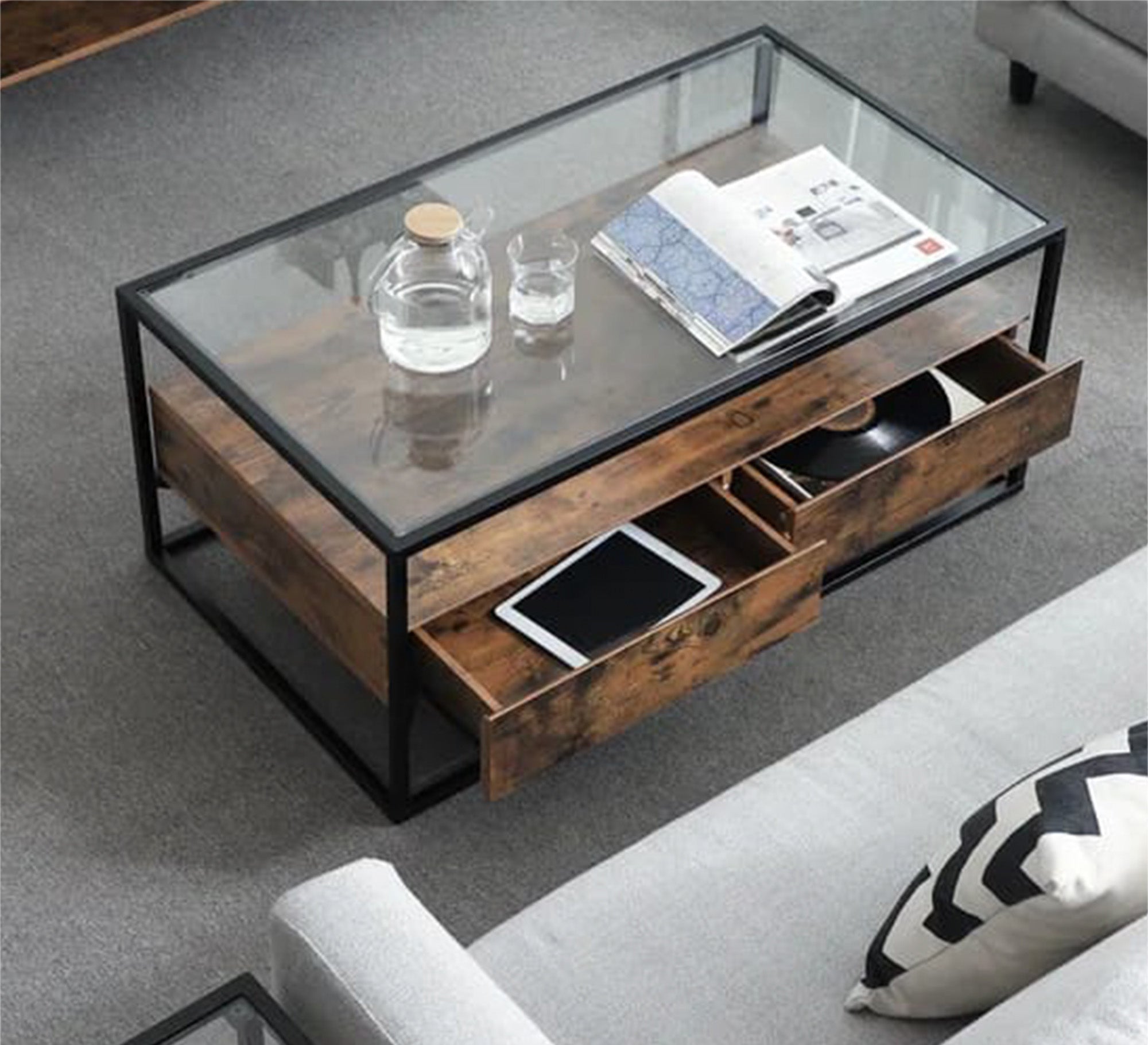 Black steel table with wooden drawers