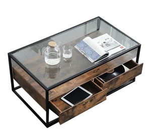 Black steel table with wooden drawers