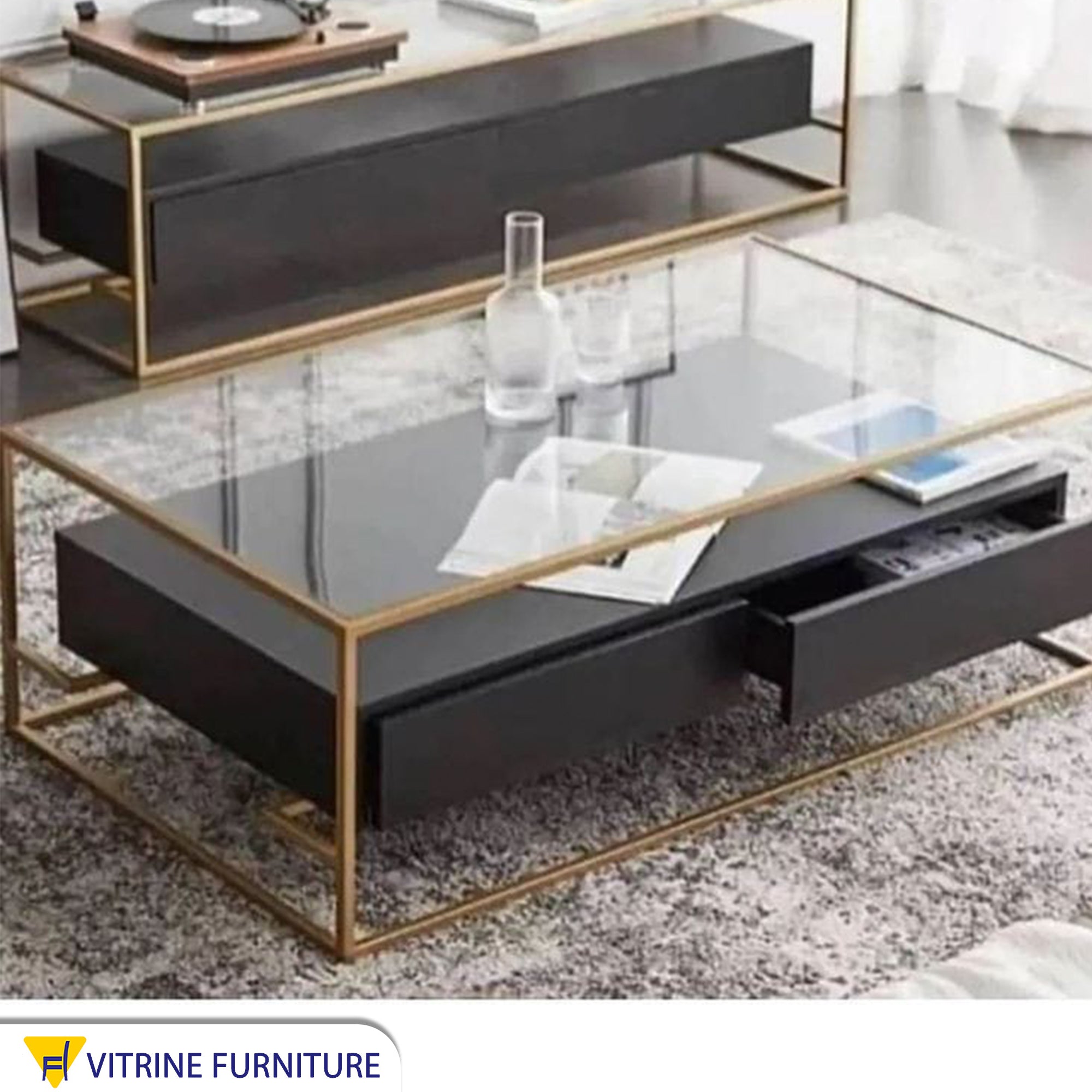 Gold steel table with black drawers
