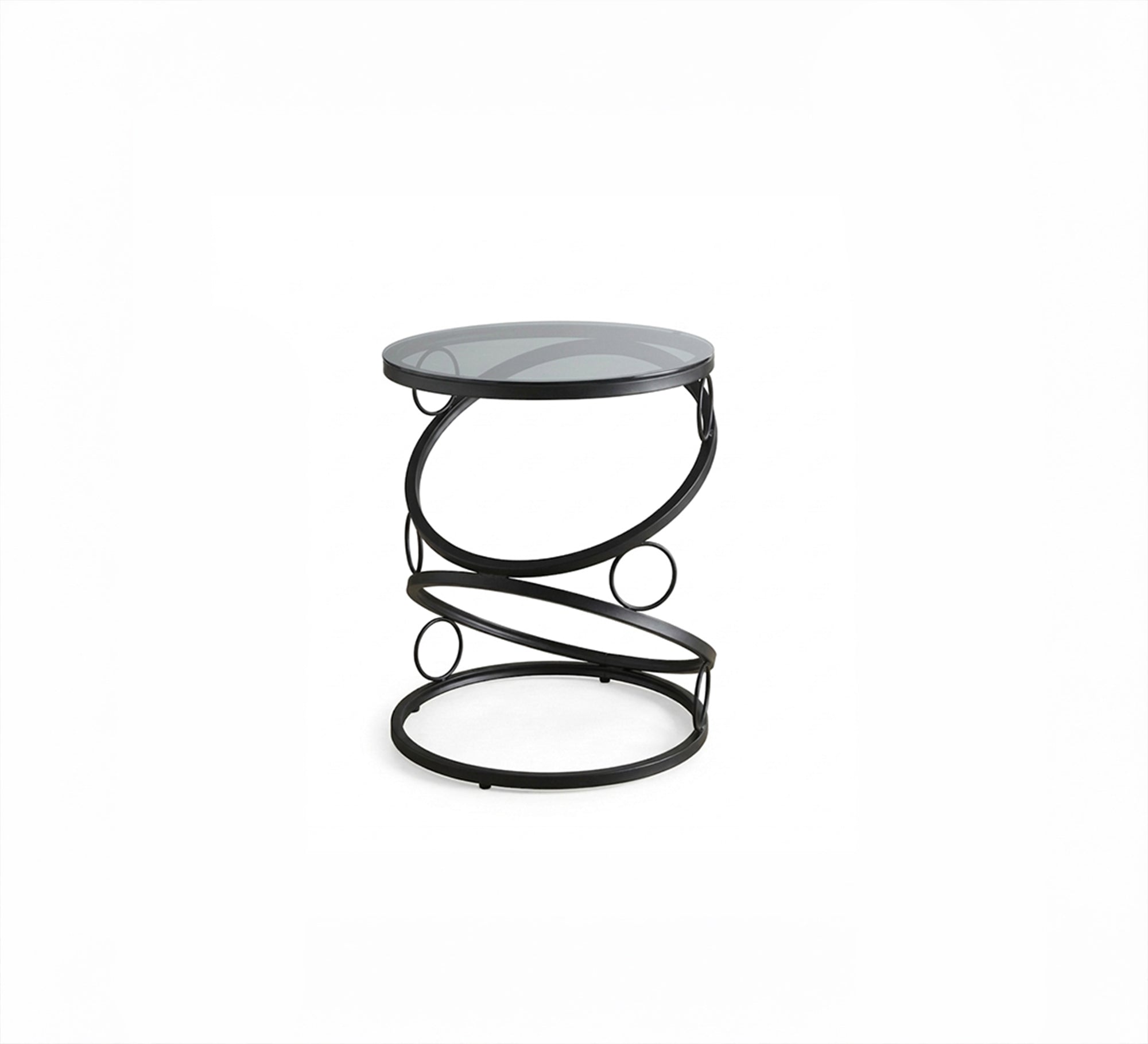 A circular table in black with a unique design