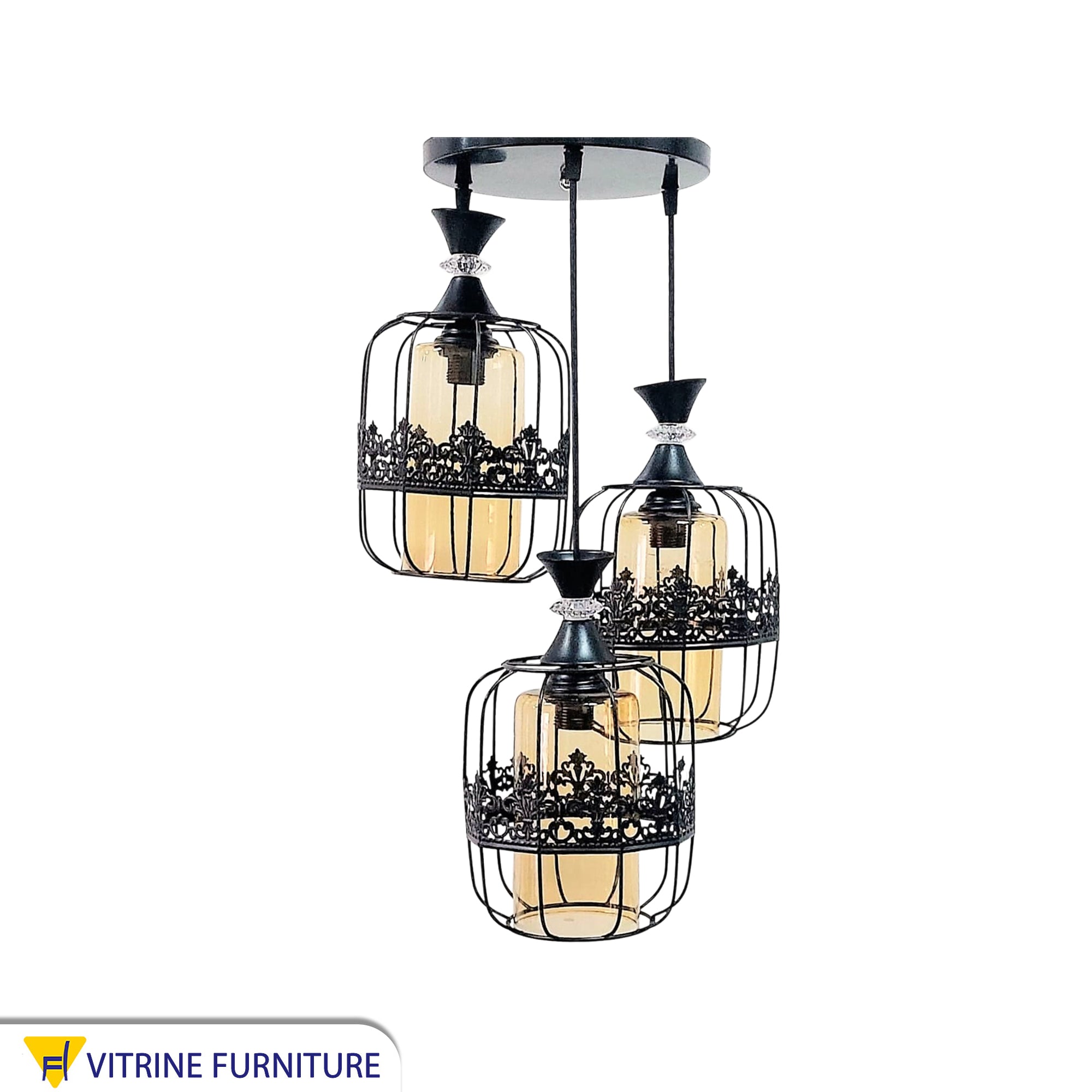Triple chandelier, black metal and transparent yellow glass