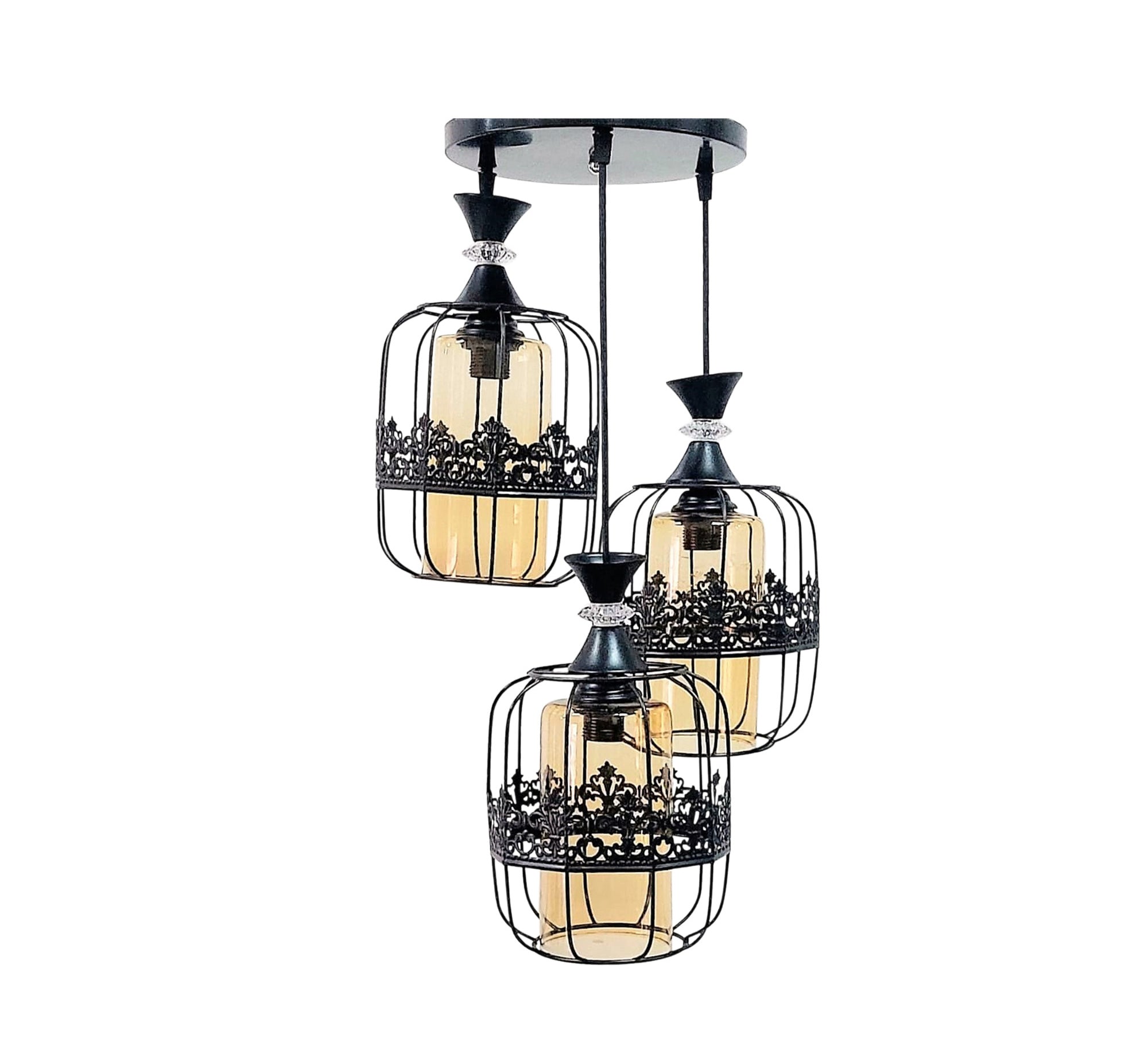 Triple chandelier, black metal and transparent yellow glass