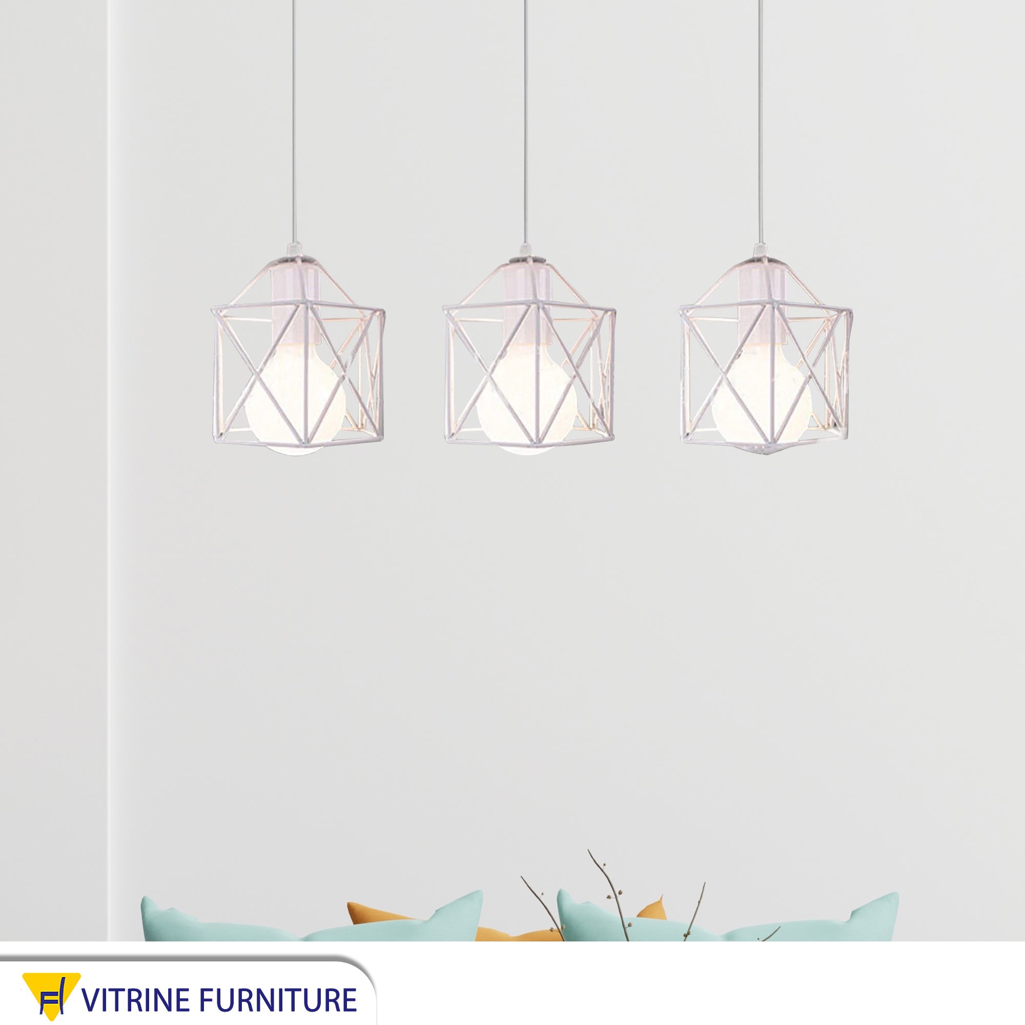 Chandelier with a white metal frame, X-cage shape