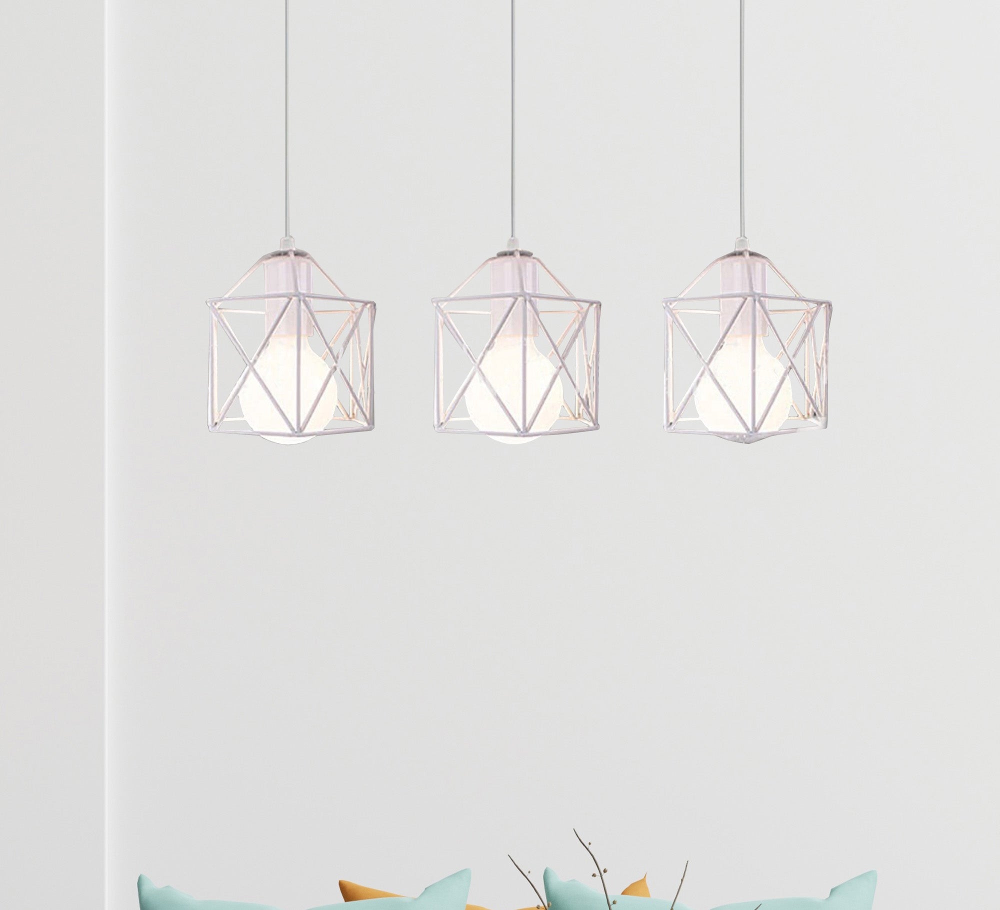 Chandelier with a white metal frame, X-cage shape