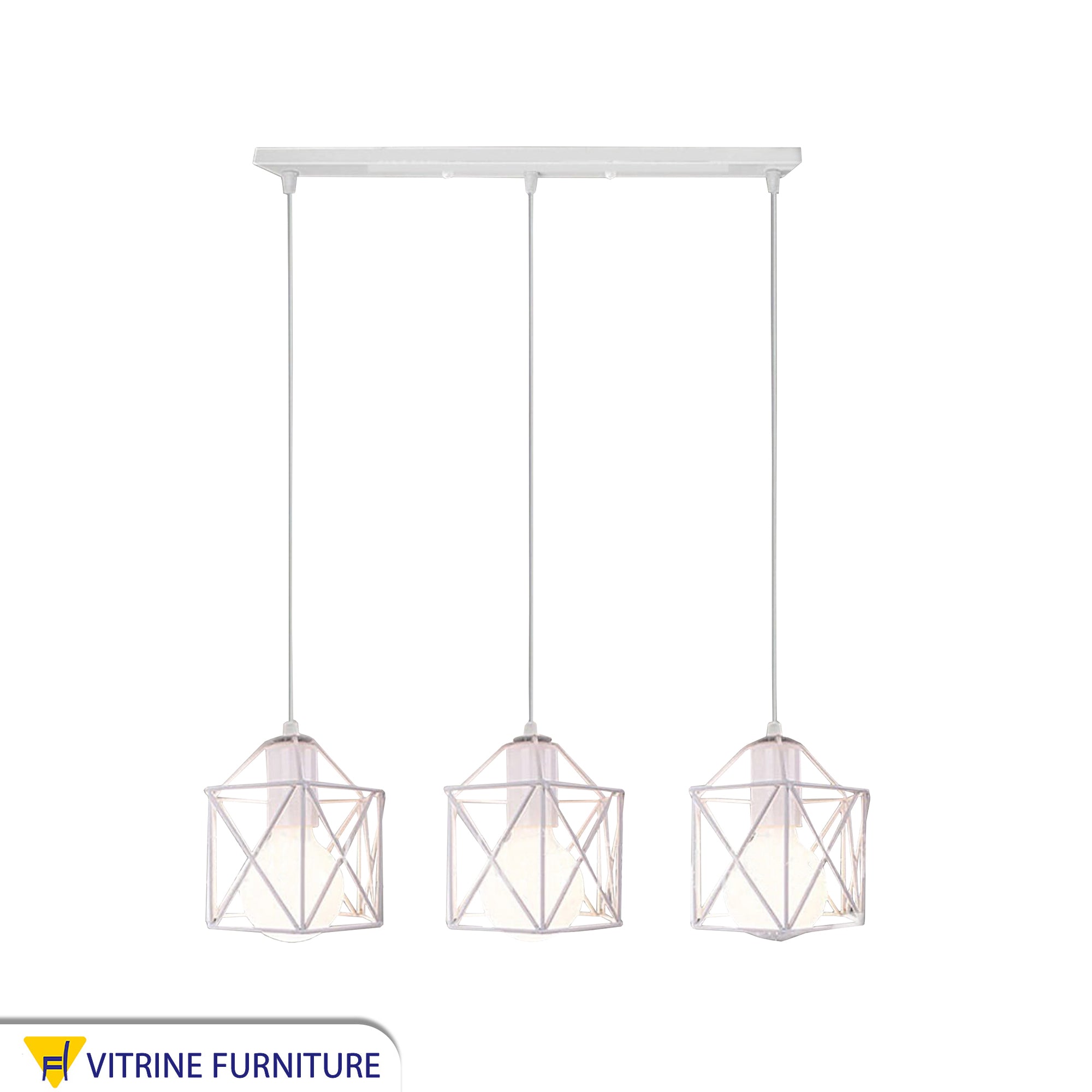 Chandelier with a white metal frame, X-cage shape