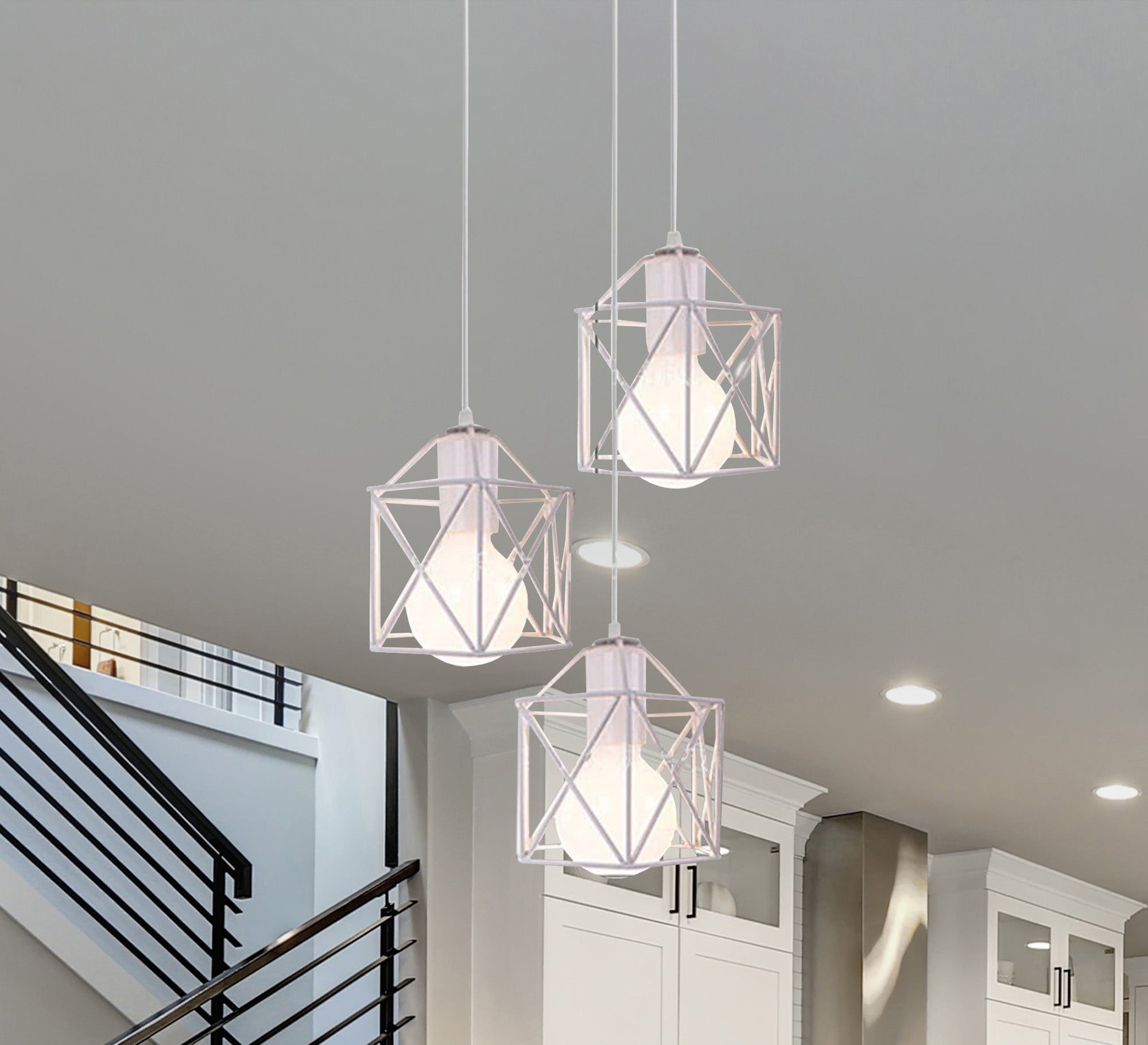 Triple white metal chandelier of different lengths