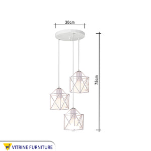 Triple white metal chandelier of different lengths