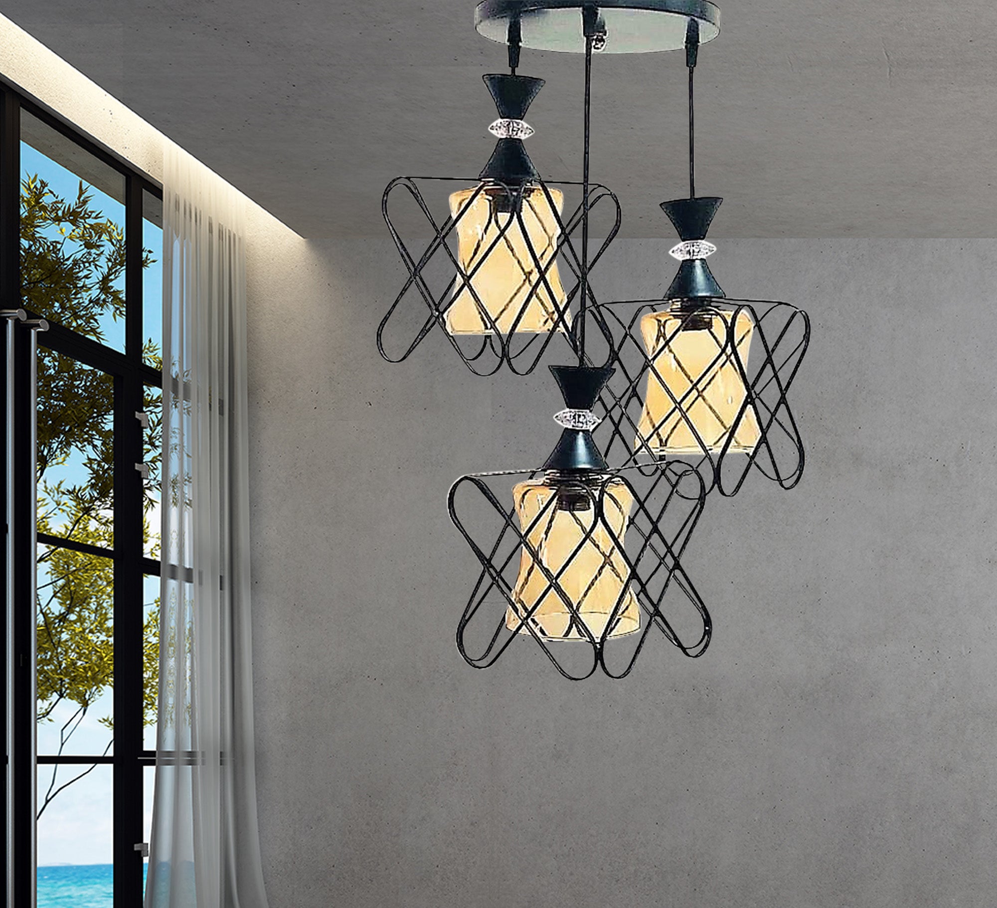 Triple black metal chandelier with transparent glass