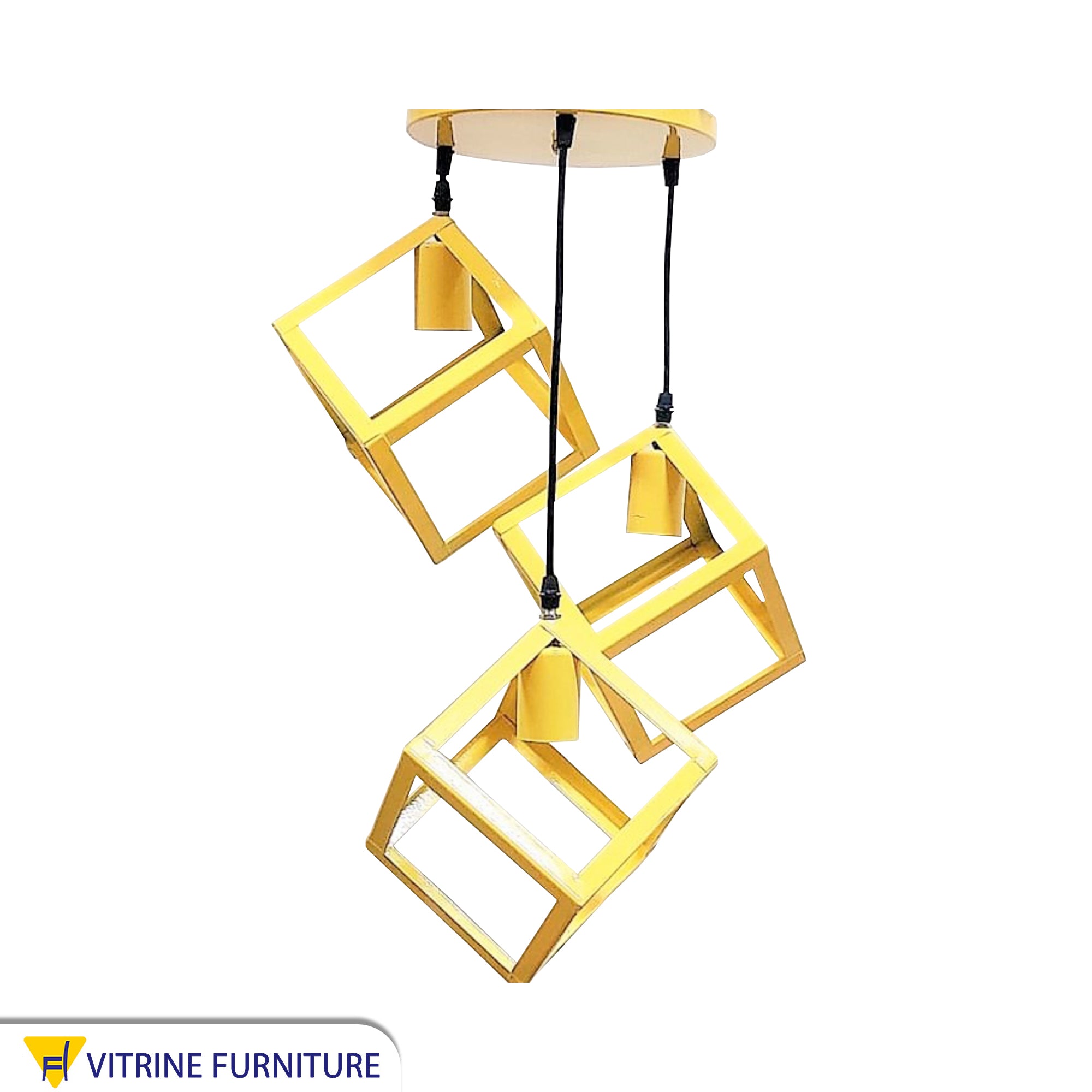 Yellow metal pendant chandelier, cubic shape