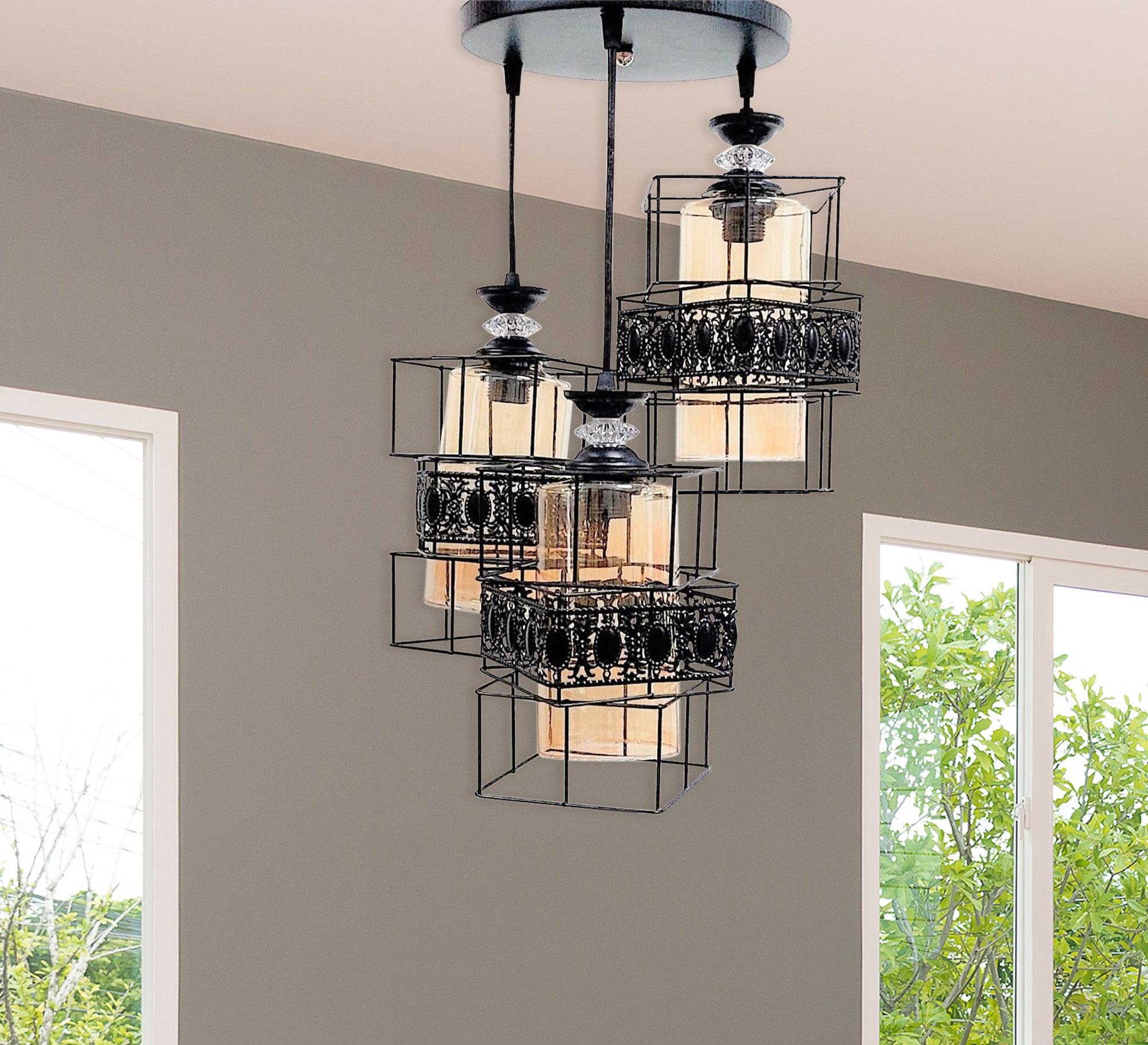 Triple Chandelier: Sleek Black Metal & Glass Elegance