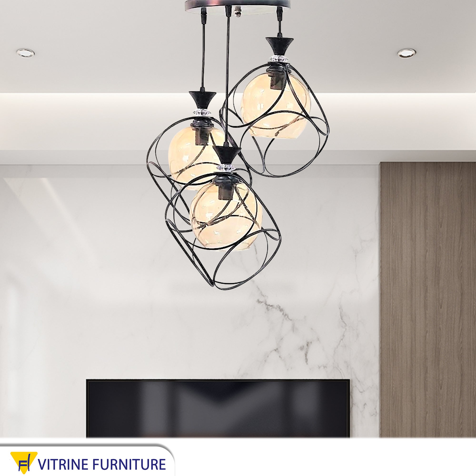 Three Pendant ceiling lamps, black metal and glass