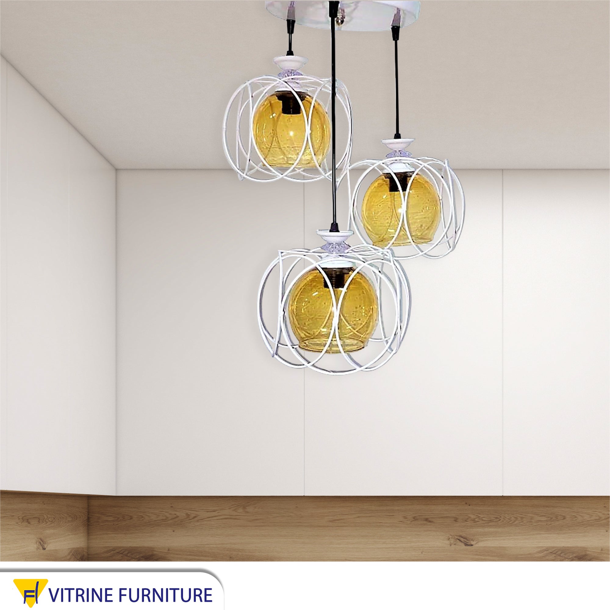Three Pendant ceiling lamps, white metal and glass