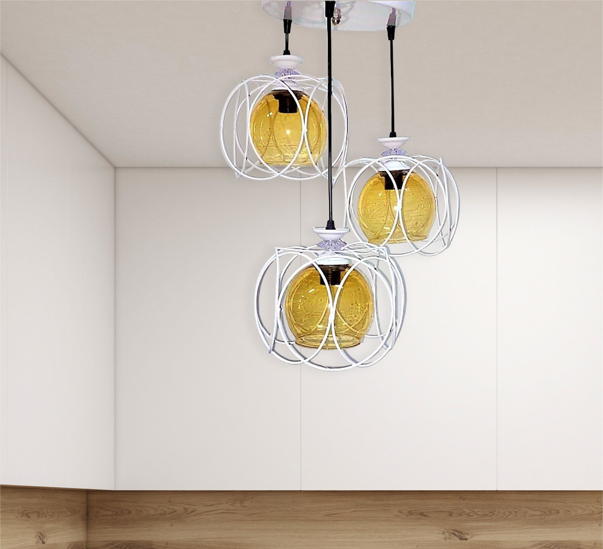 Triple chandelier suspended from the ceiling in white metal and glass