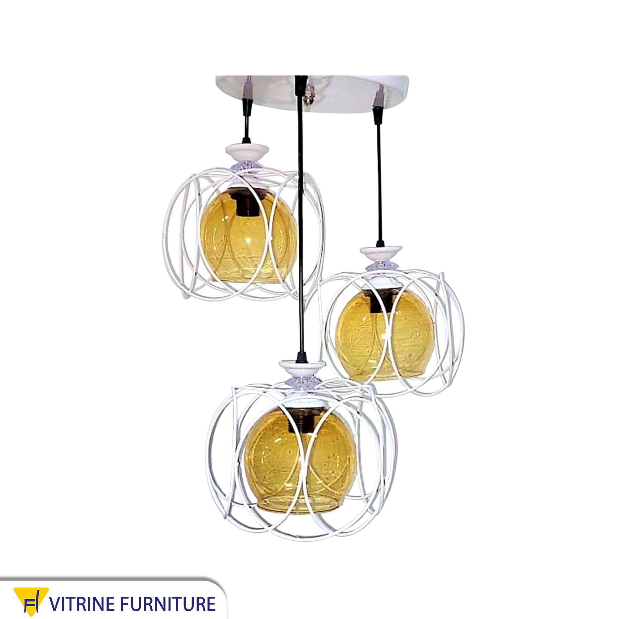 Three Pendant ceiling lamps, white metal and glass