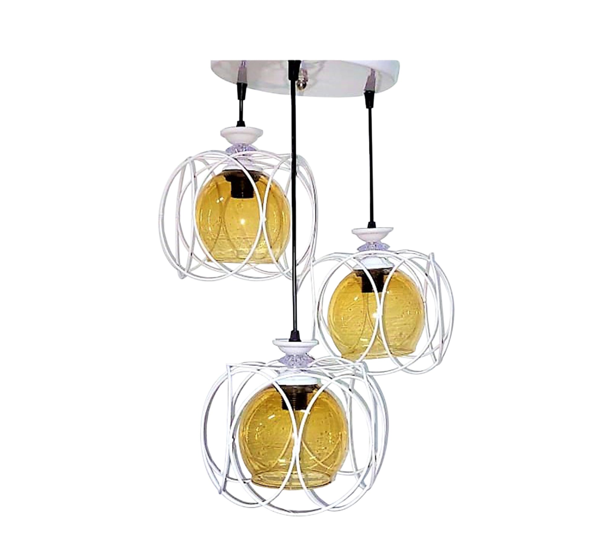 Triple chandelier suspended from the ceiling in white metal and glass