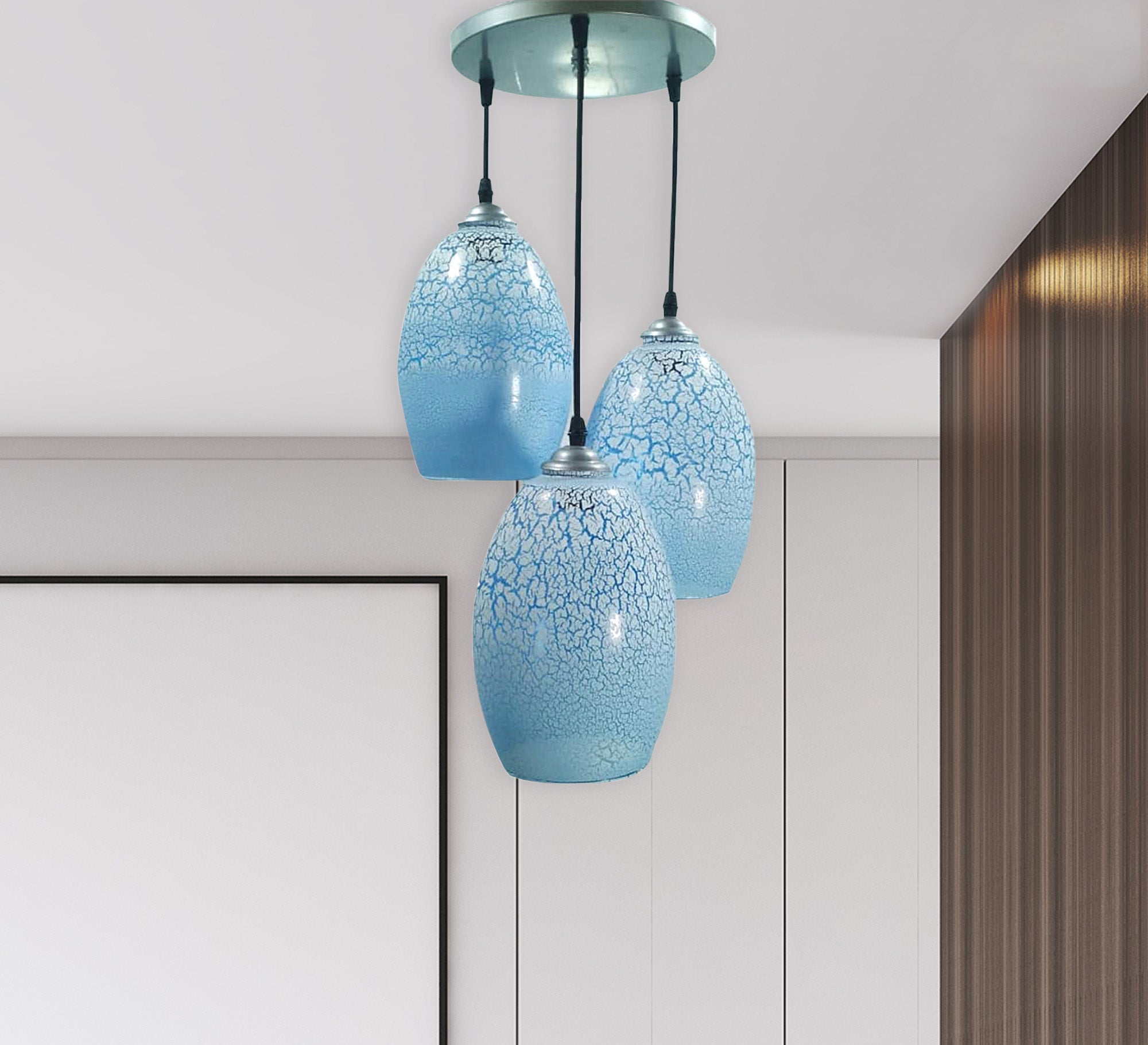 Elegant triple blue glass chandelier