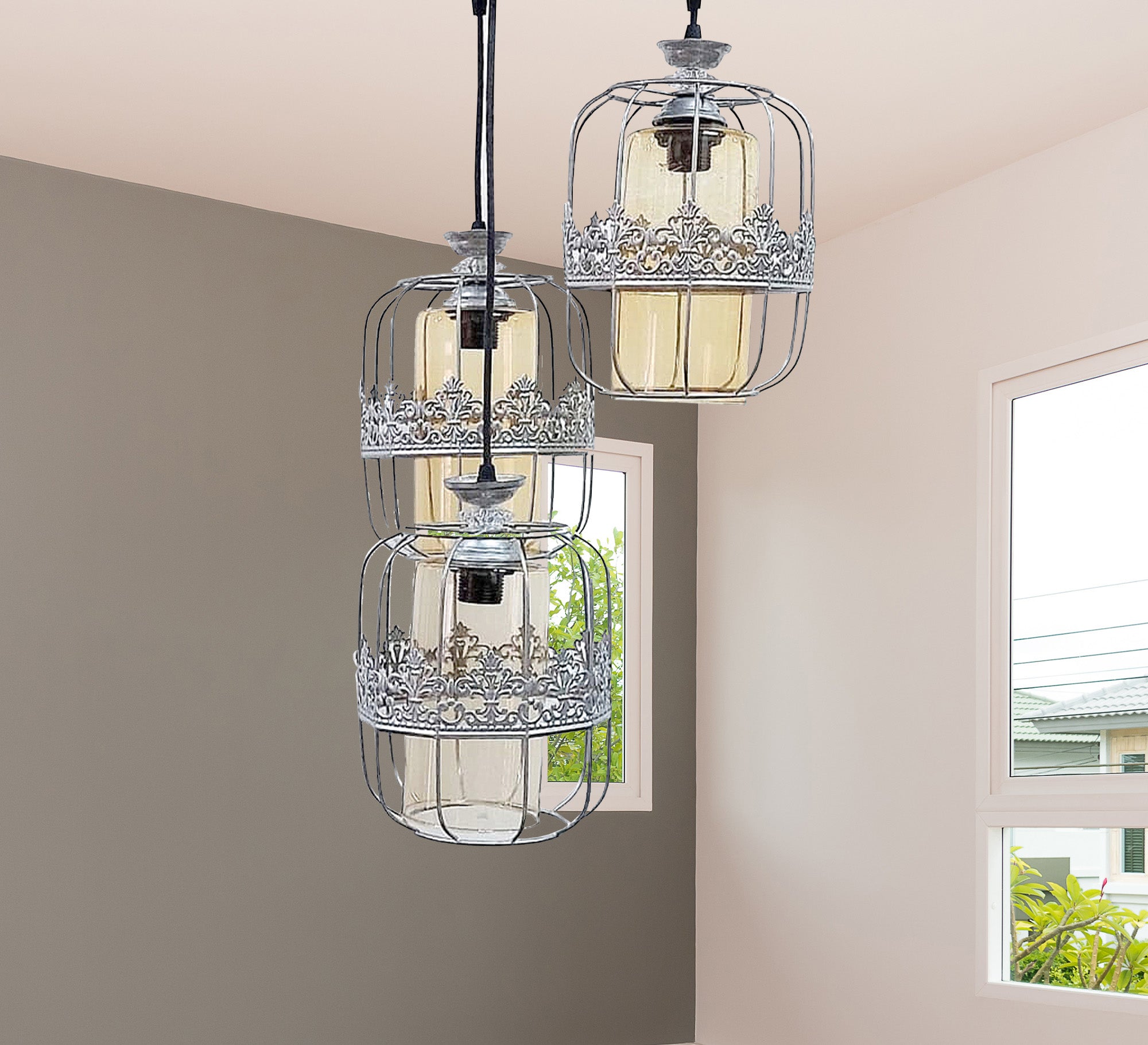 Decorations Chandelier with three silver cages