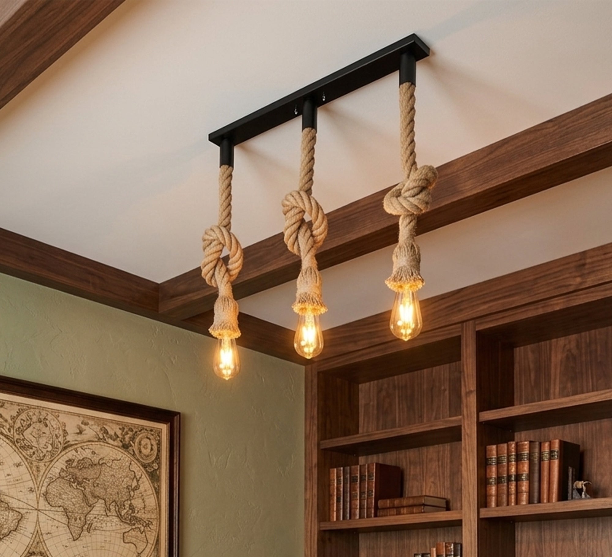 Modern Triple Chandelier with Hanging Light Fixtures Suspended by Cables