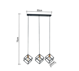 نجفه ثلاثية مودرن لوحدات إضاءة متدلية على شكل قفص مربع أسود 