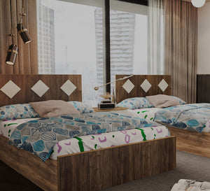 Brown bedroom with two beds