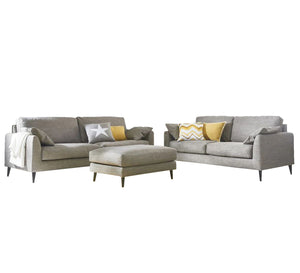 2 modern sofas in light grey + puff