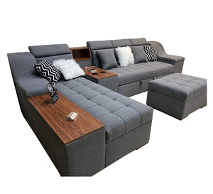 Grey Corner Sofa - Wooden Shelves, Movable Headrest