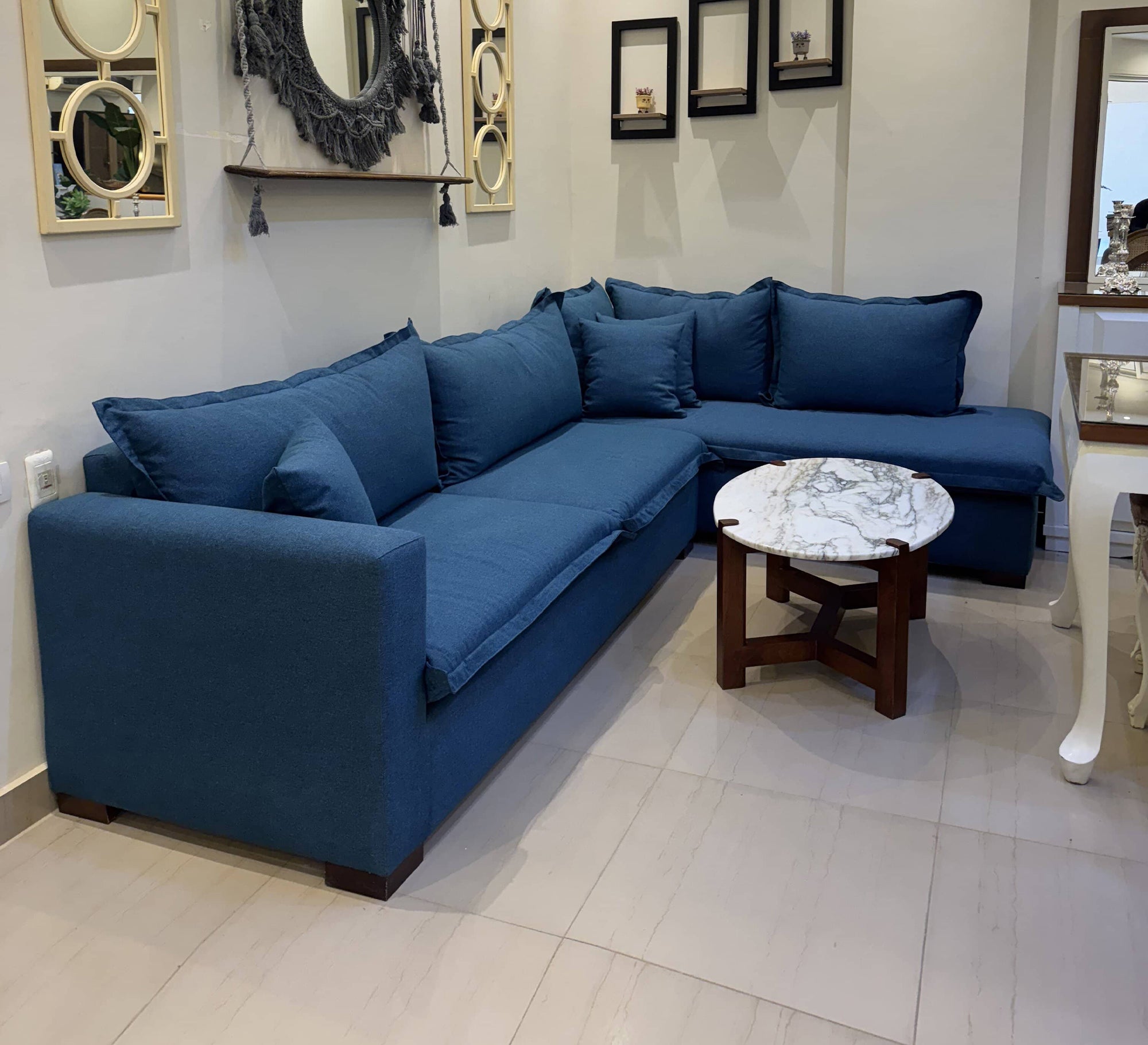 Blue L-shaped sofa