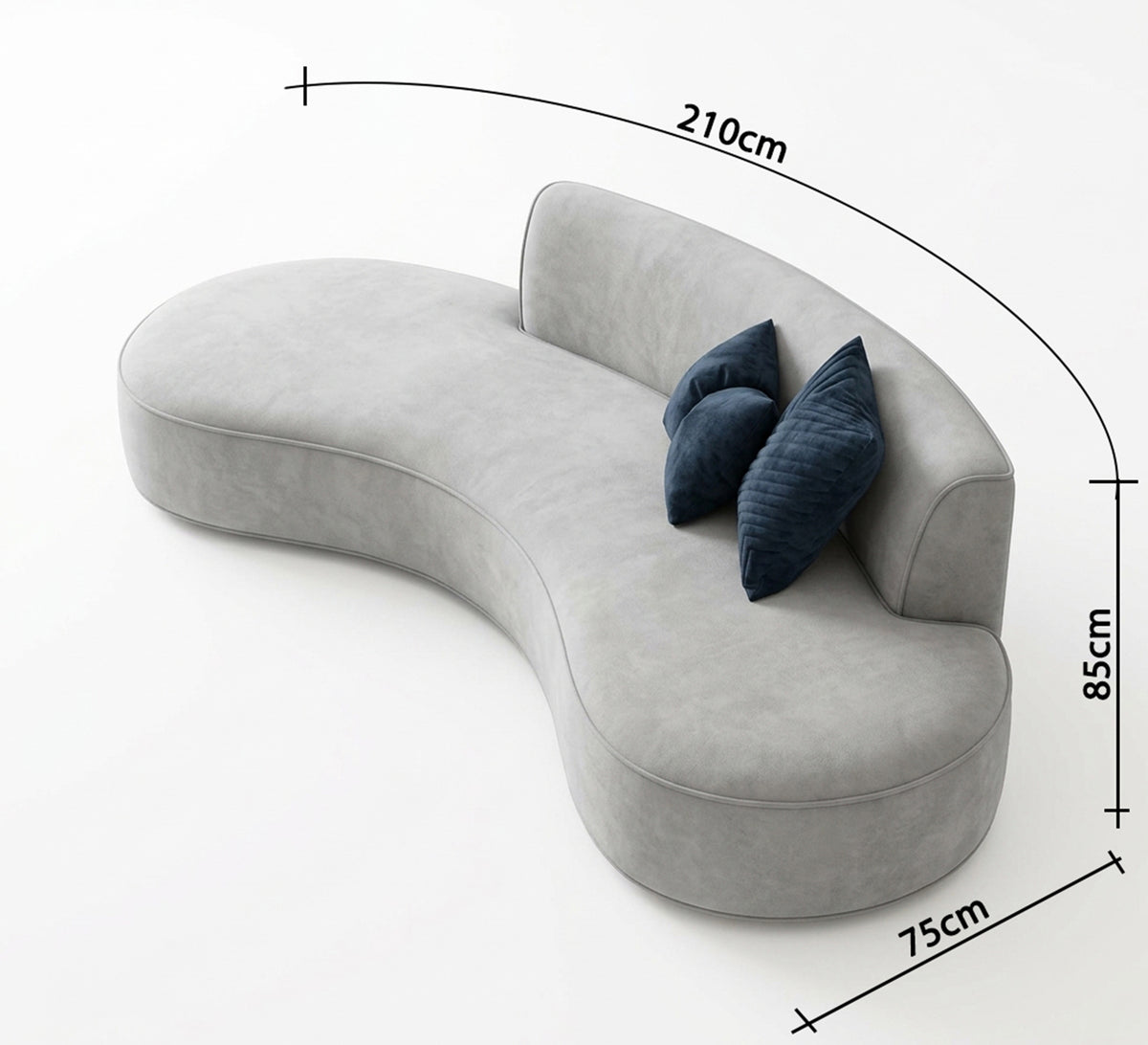 A modern curved sofa with comfortable cushions.