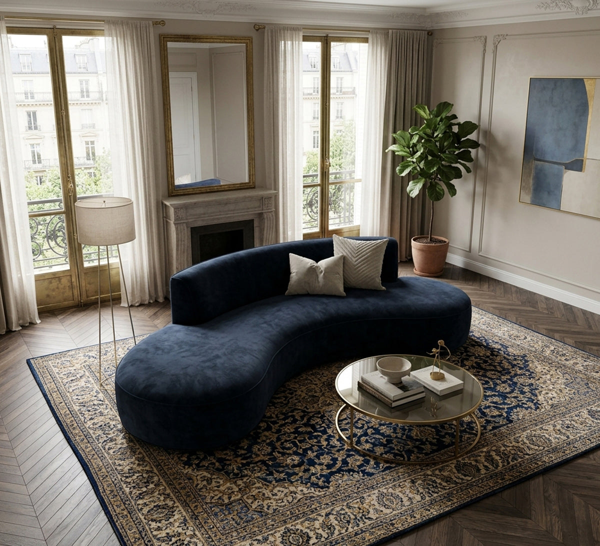 A modern curved sofa with comfortable cushions.