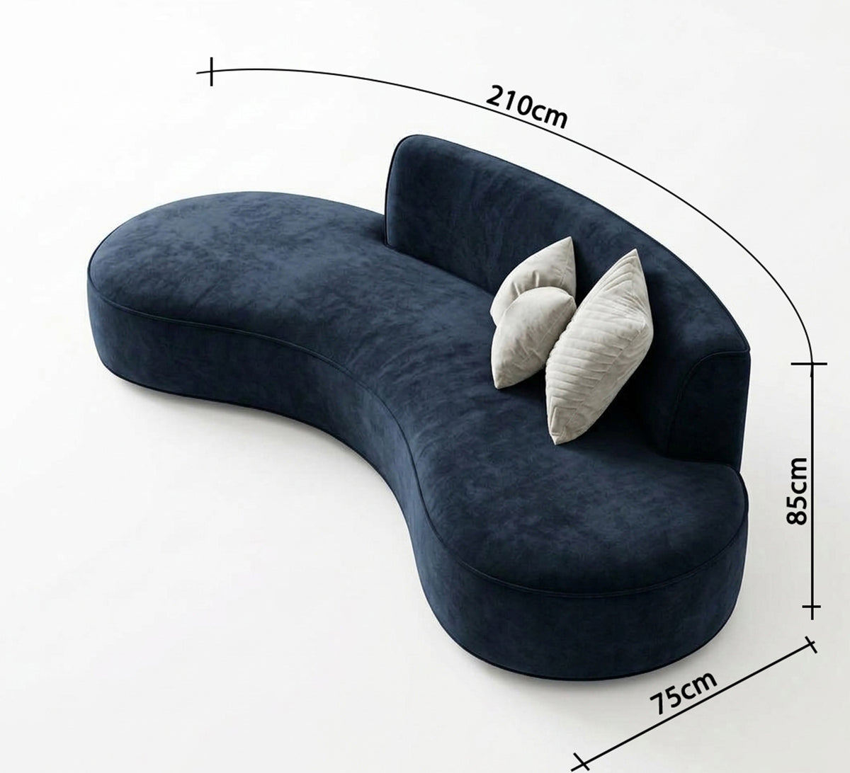 A modern curved sofa with comfortable cushions.