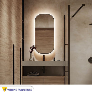 Rectangular mirror 60 * 80 with a wooden frame in the shape of an arc in black + LED