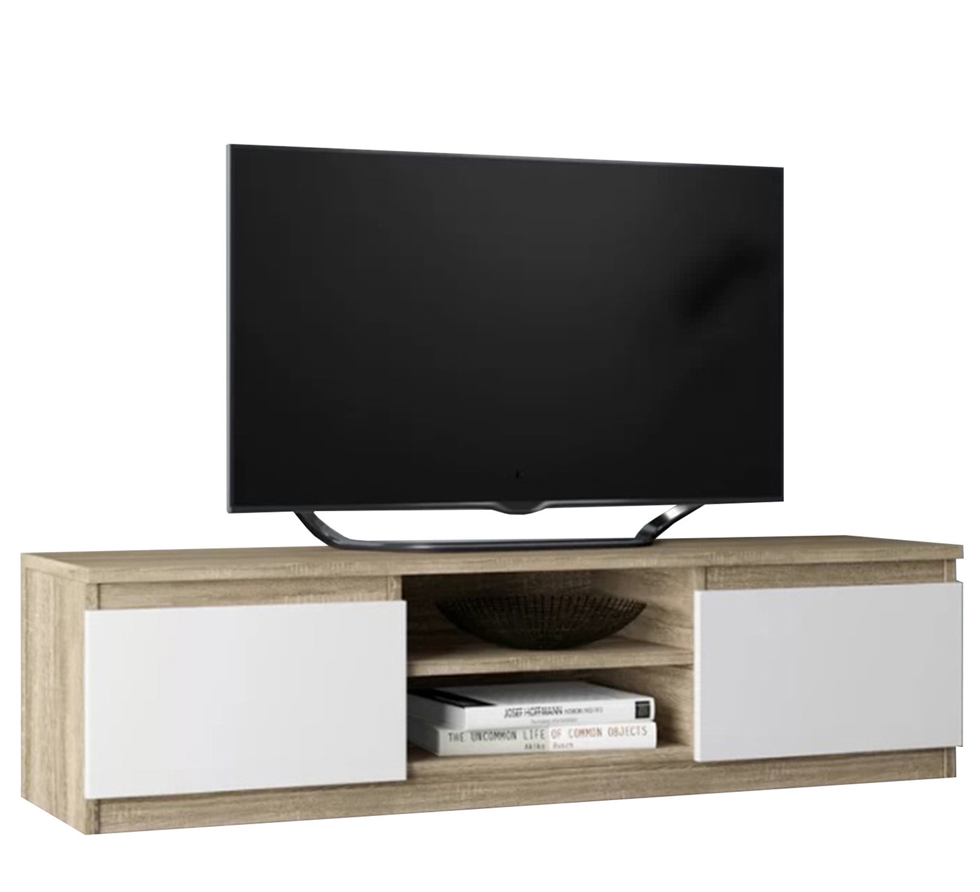 Beige wooden TV unit with white leaves