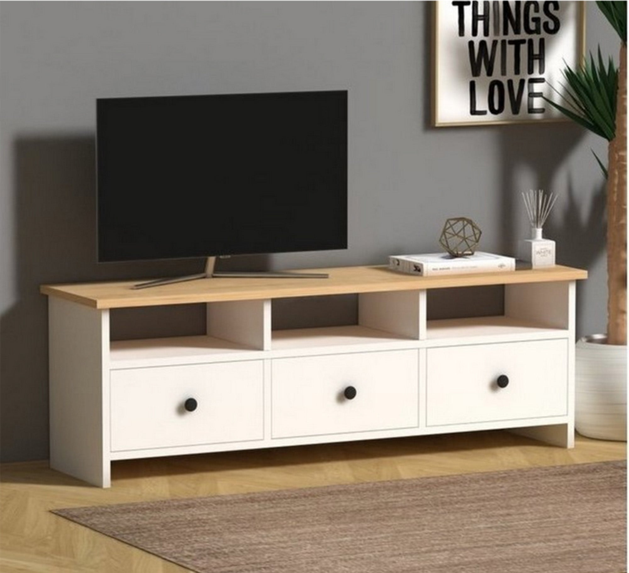 TV unit with three drawers and shelves