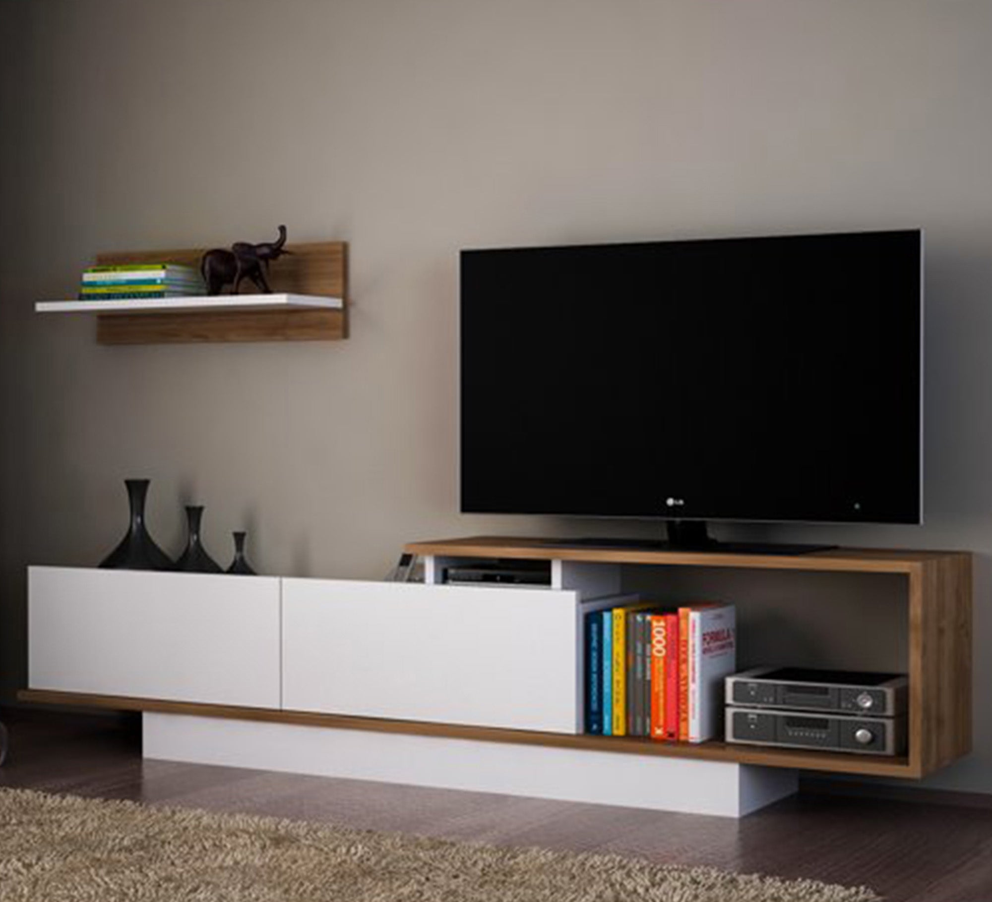 A TV unit with a side letter C and two drawers