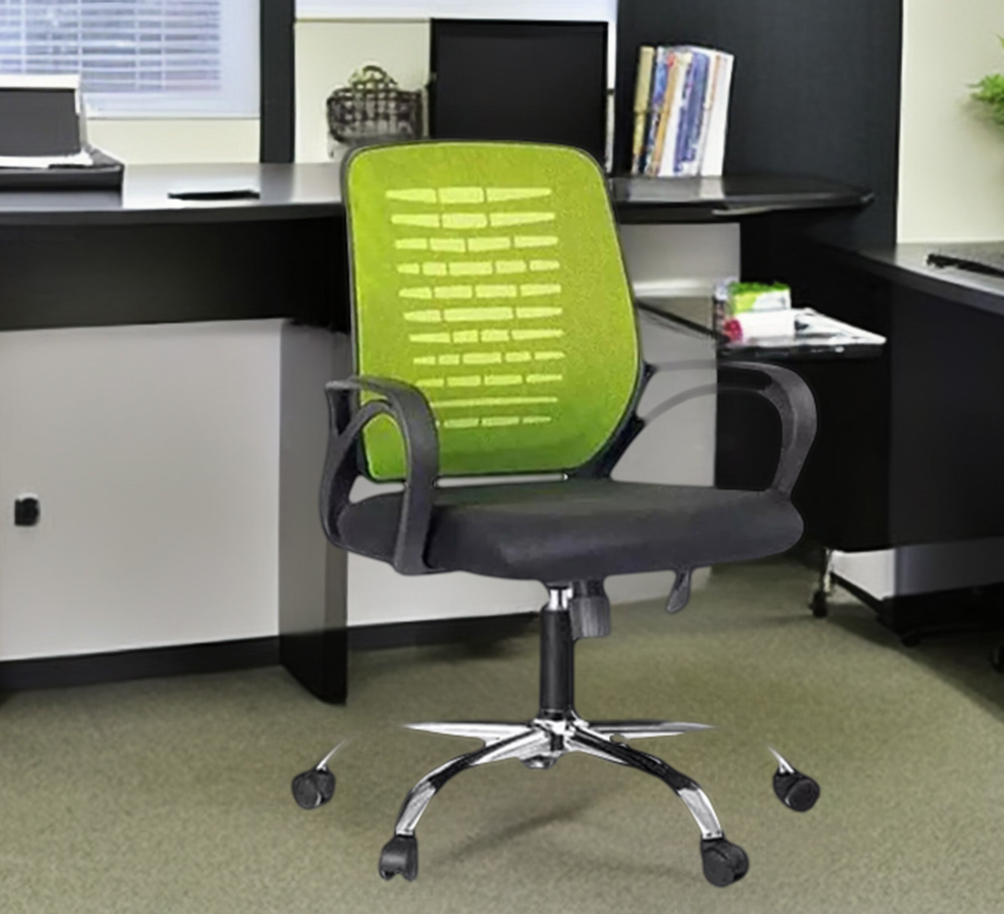 Green office chair with metal legs