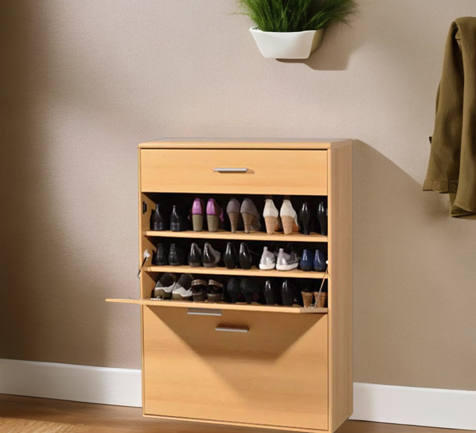 Shoe rack with two flap doors and a drawer