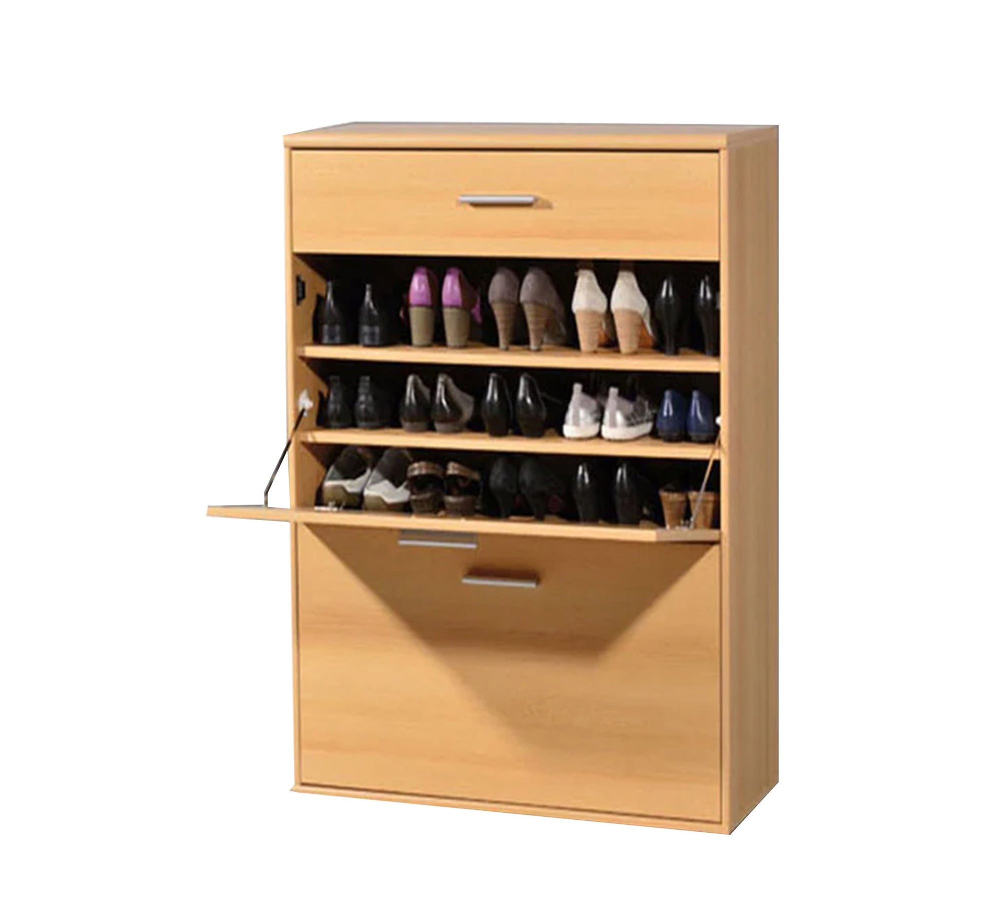 Shoe rack with two flap doors and a drawer