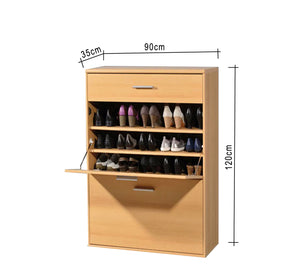 Shoe rack with two flap doors and a drawer