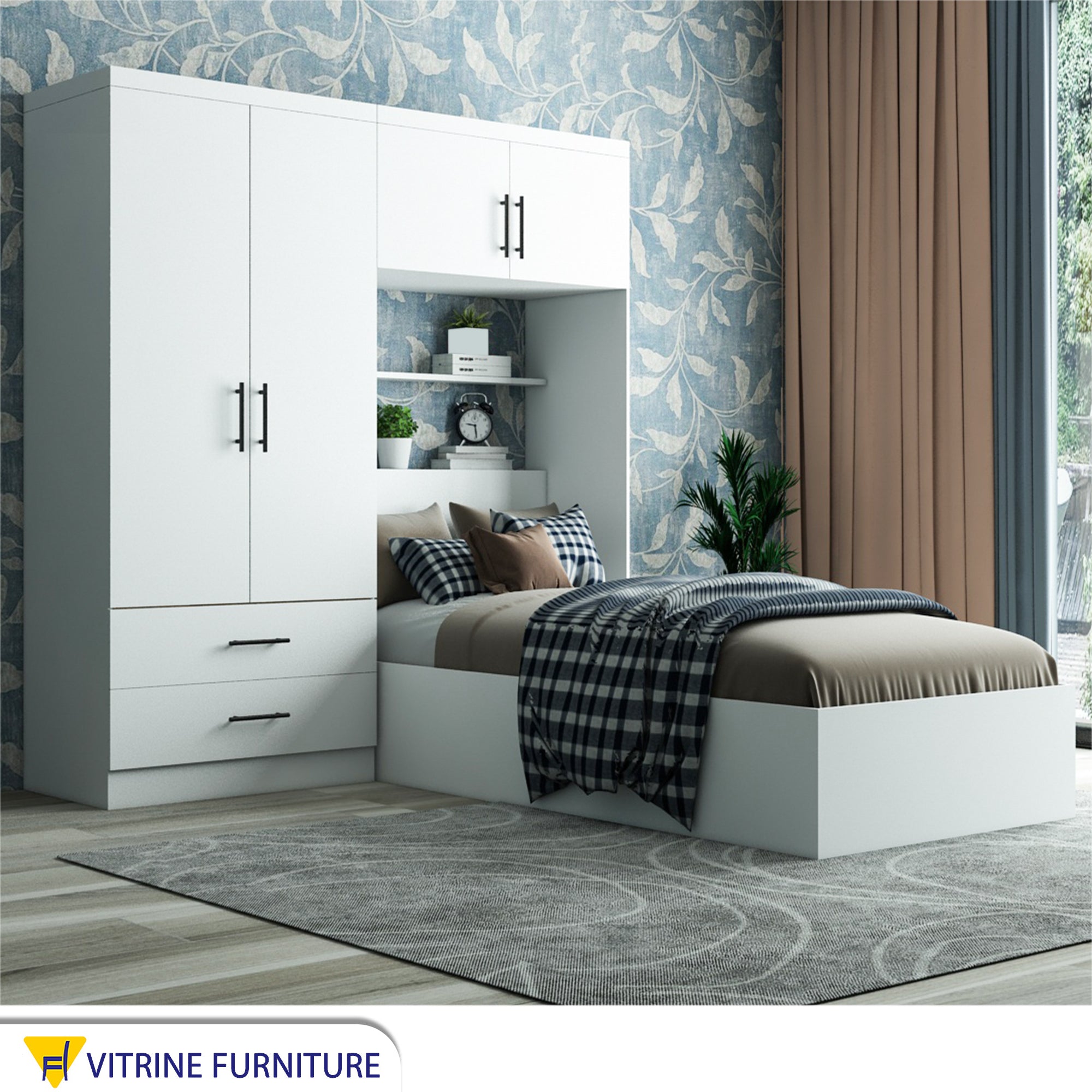 White single bedroom with large wardrobe