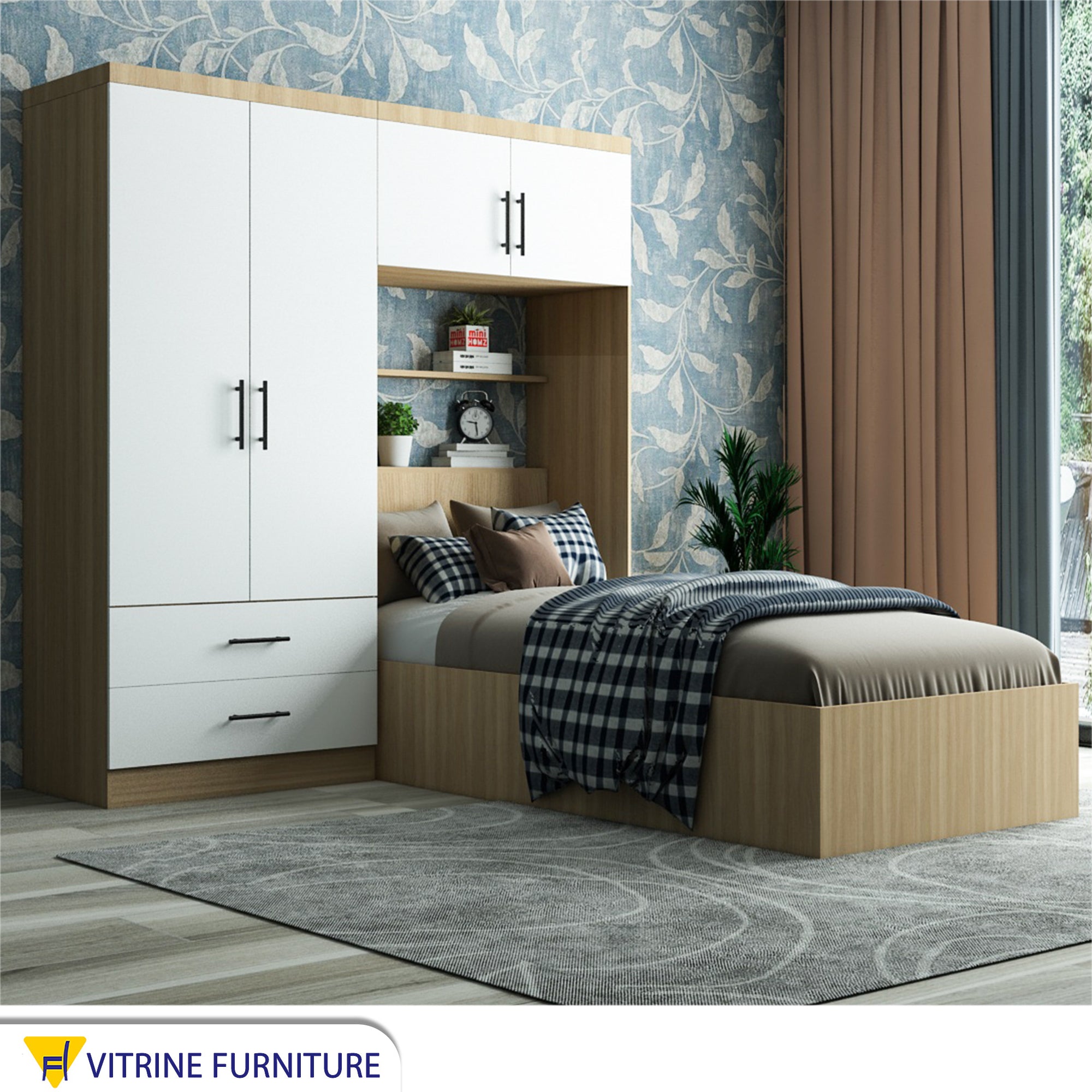 Single bedroom in wooden color with a large wardrobe