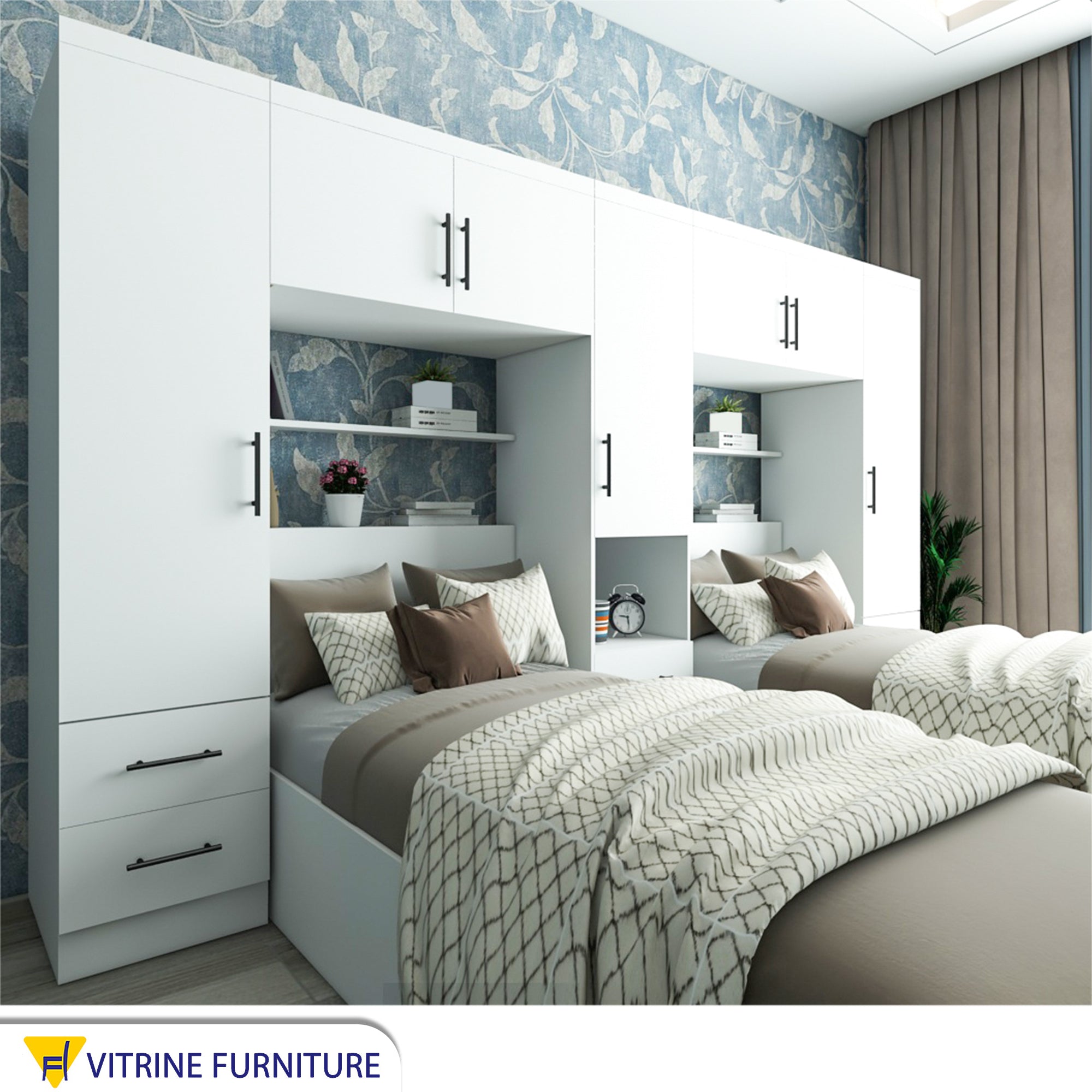 Bedroom with two white beds and a large wardrobe