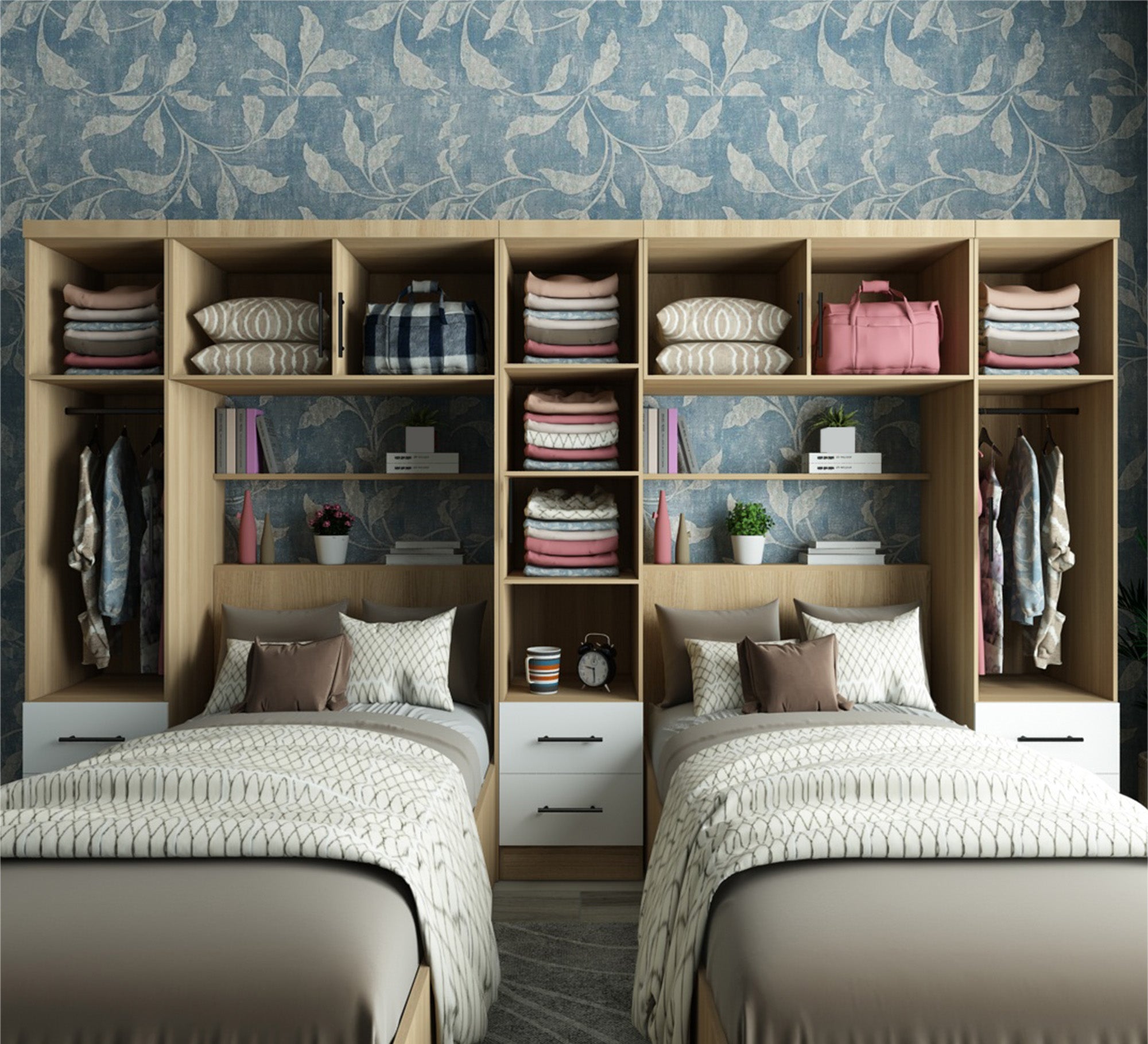 Bedroom with two wooden Beige beds and a large wardrobe