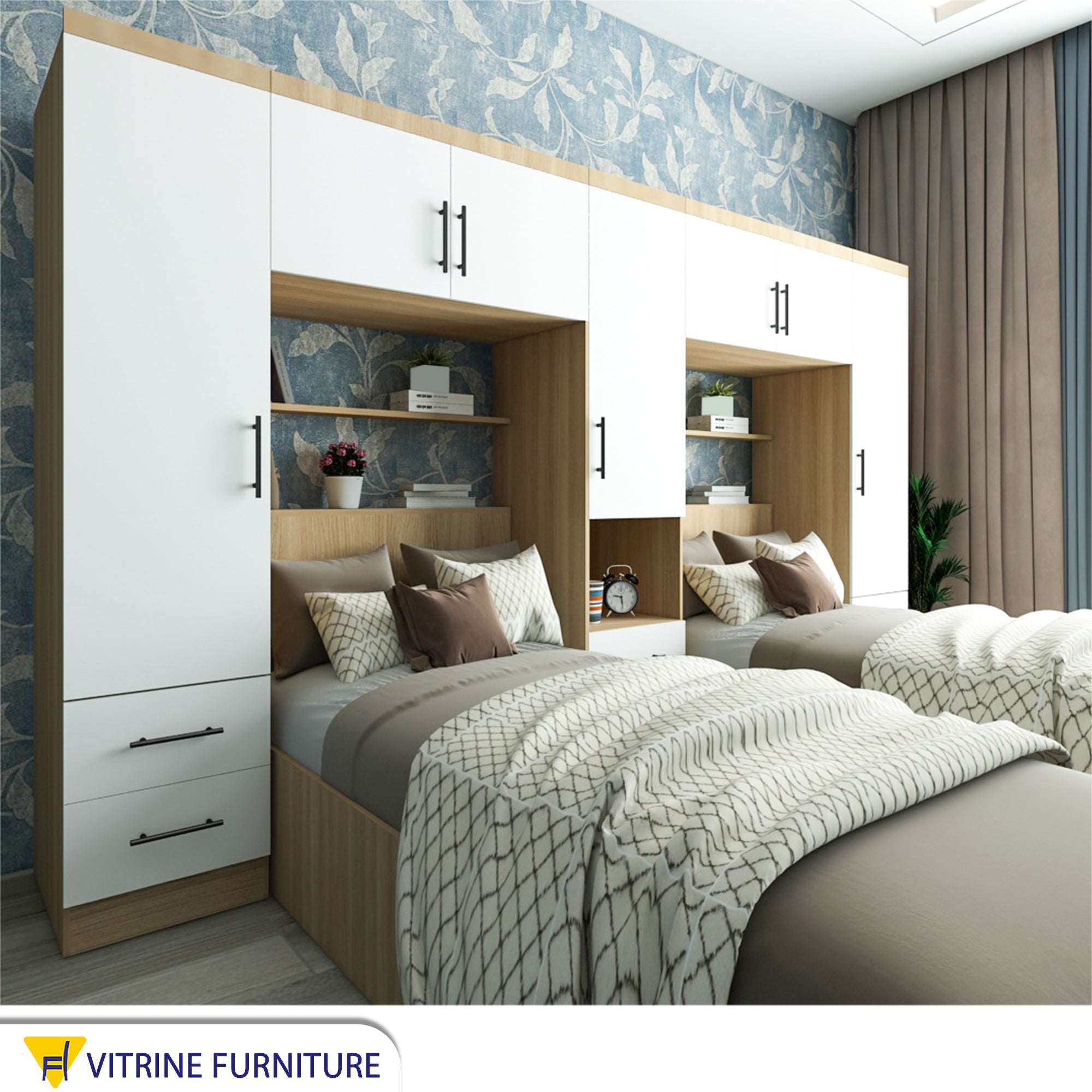 Bedroom with two wooden Beige beds and a large wardrobe