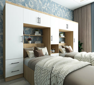 Bedroom with two wooden Beige beds and a large wardrobe