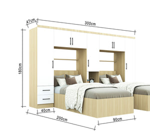 Bedroom with two wooden Beige beds and a large wardrobe