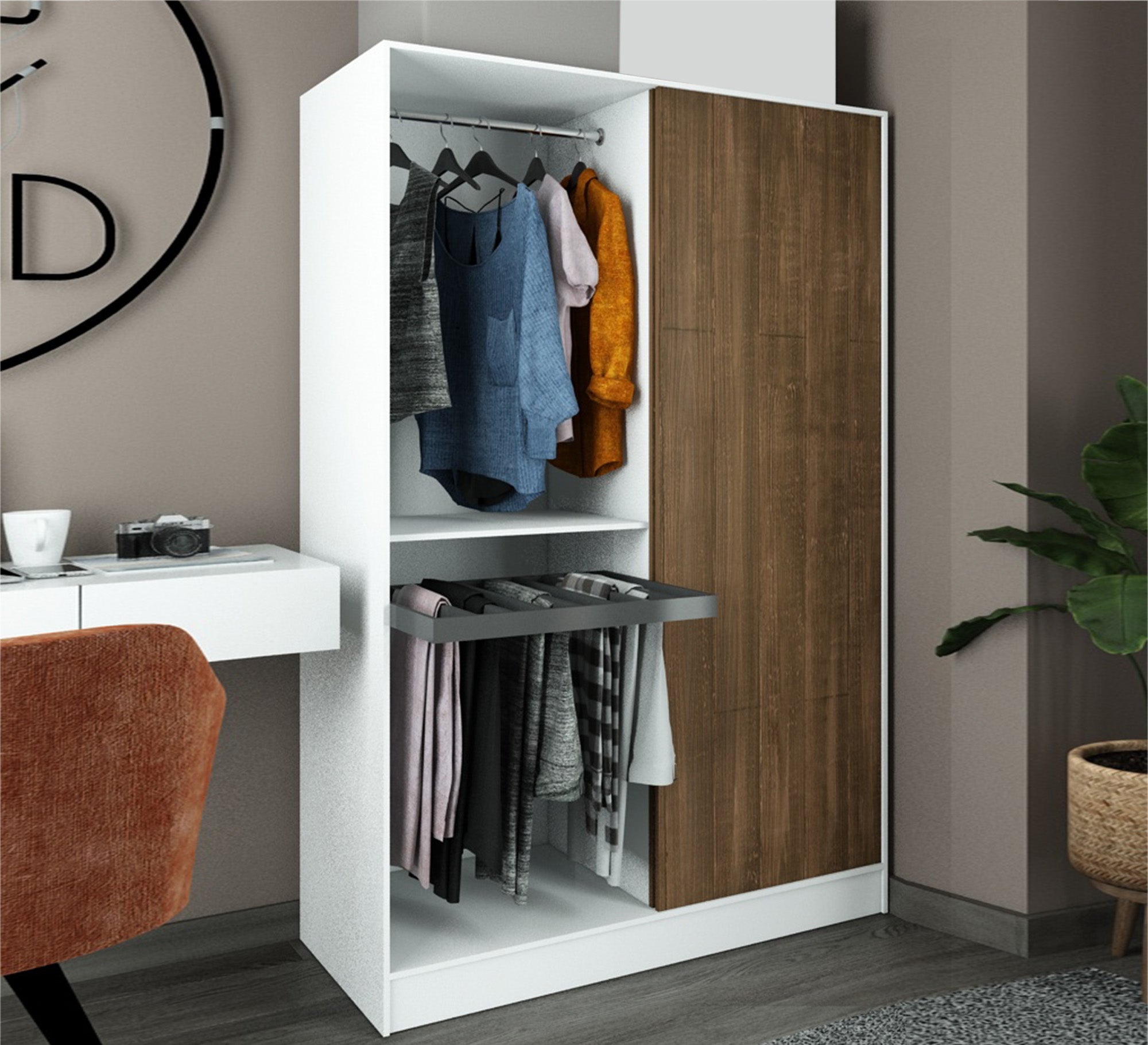 A cupboard with a brown wooden door