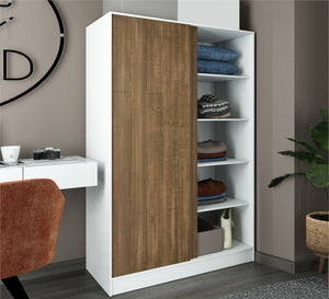 A cupboard with a brown wooden door