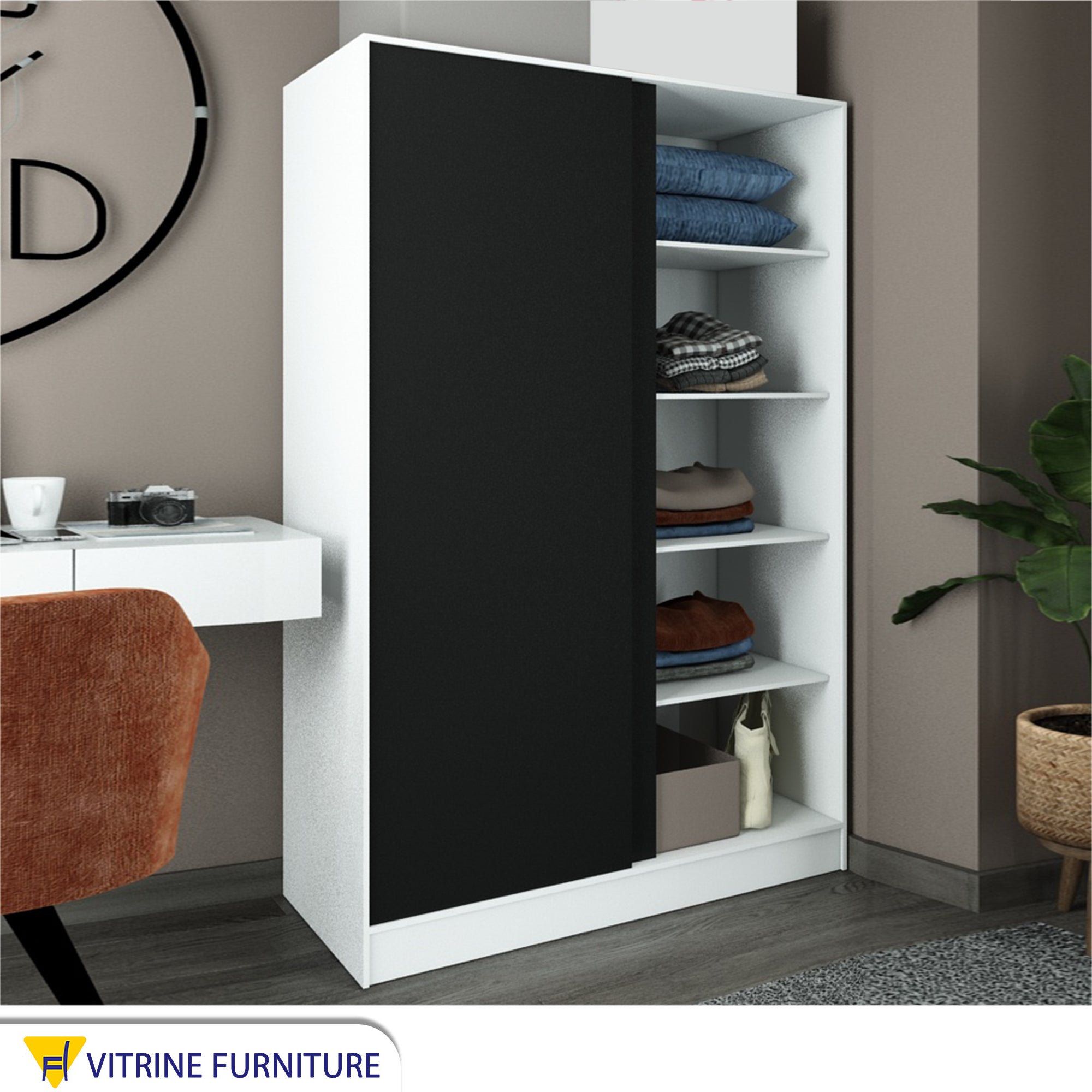 Wardrobe with black wooden doors