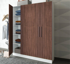 A white cupboard with four brown moving doors