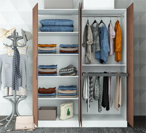 A white cupboard with four brown moving doors